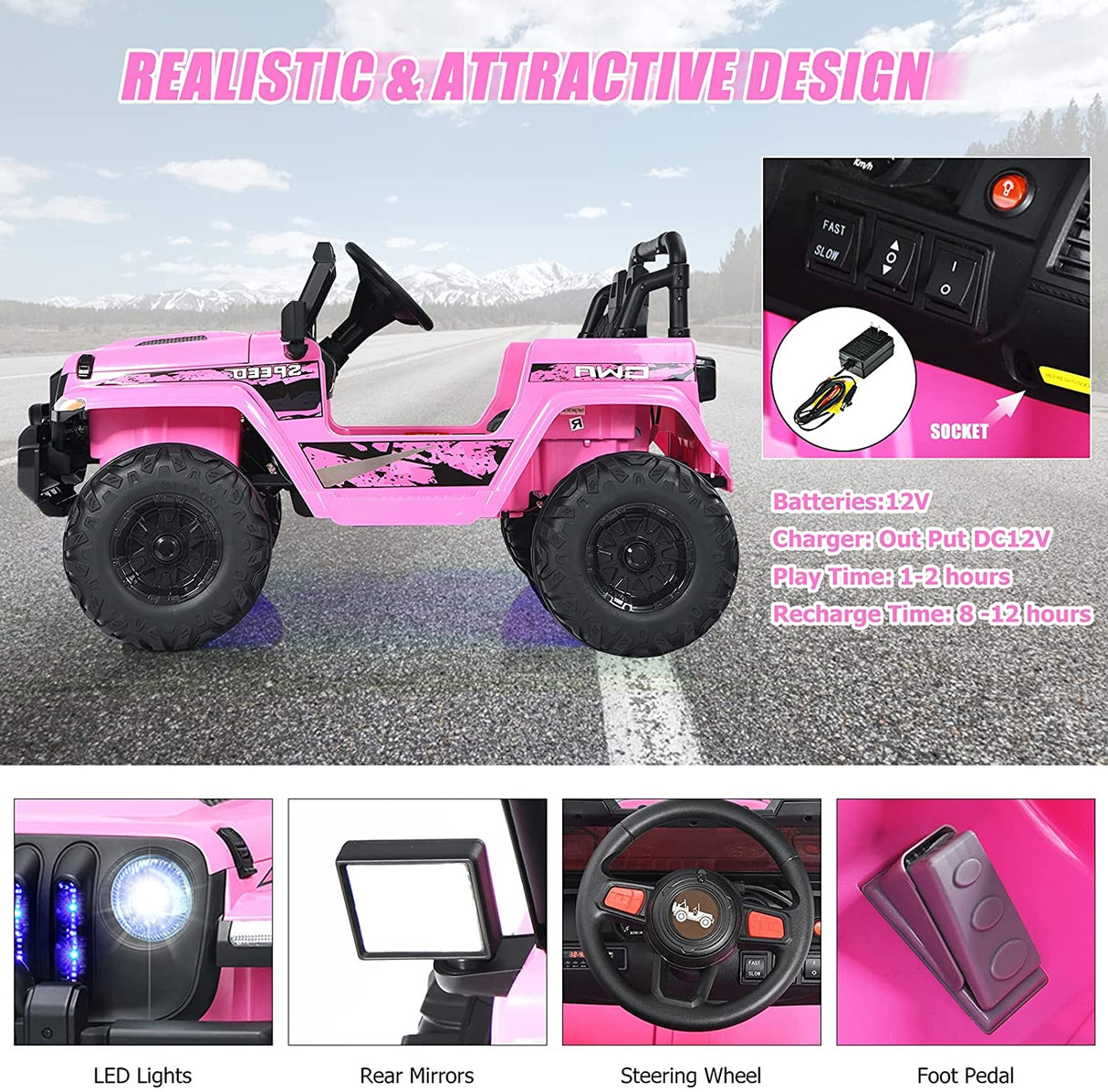 12V Kids Ride-on Jeep Car with 2.4 G Remote Control-Black & Green