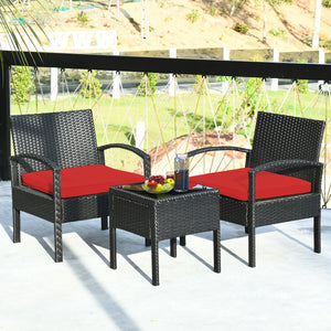 3 Pieces Outdoor Rattan Patio Conversation Set with Seat Cushions-White