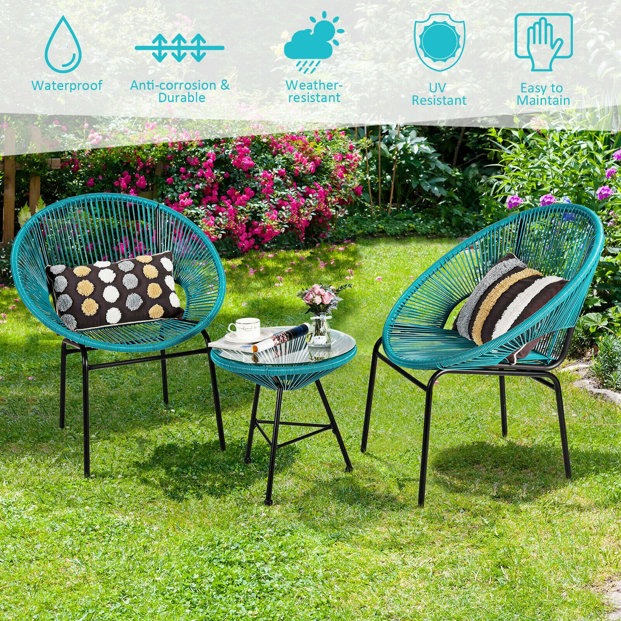 3PCS Patio Acapulco Furniture Bistro Set with GlassTable-Black