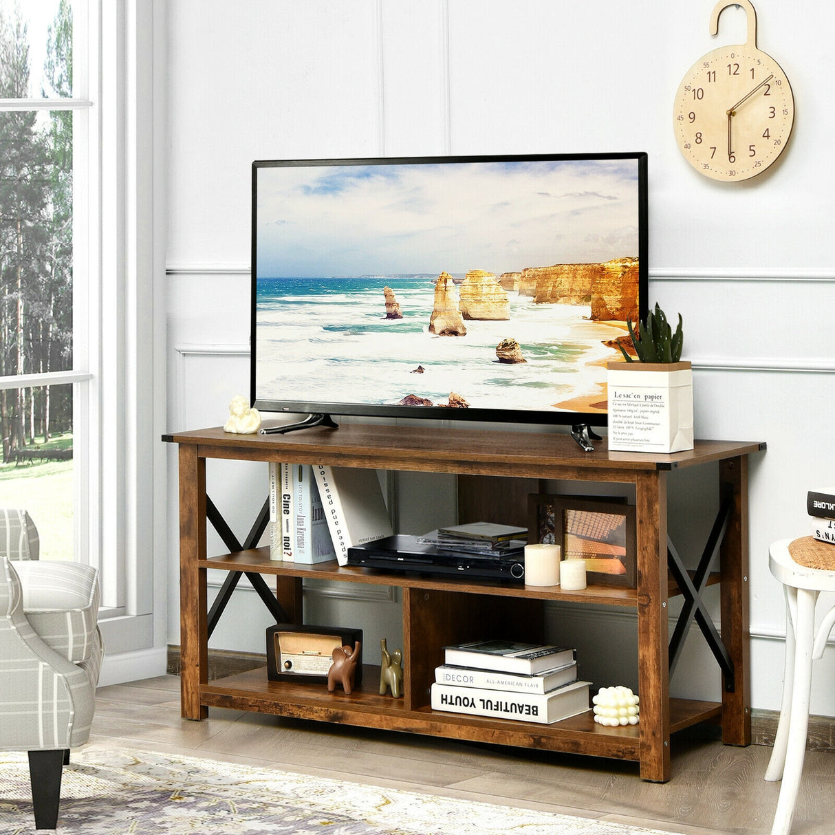 3 Tier Wood TV Stand for 55-Inch with Open Shelves and X-Shaped Frame-Brown