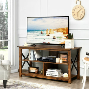 3 Tier Wood TV Stand for 55-Inch with Open Shelves and X-Shaped Frame-Brown
