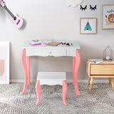 Kids Vanity Princess Makeup Dressing Table Stool Set with Mirror and Drawer-Pink