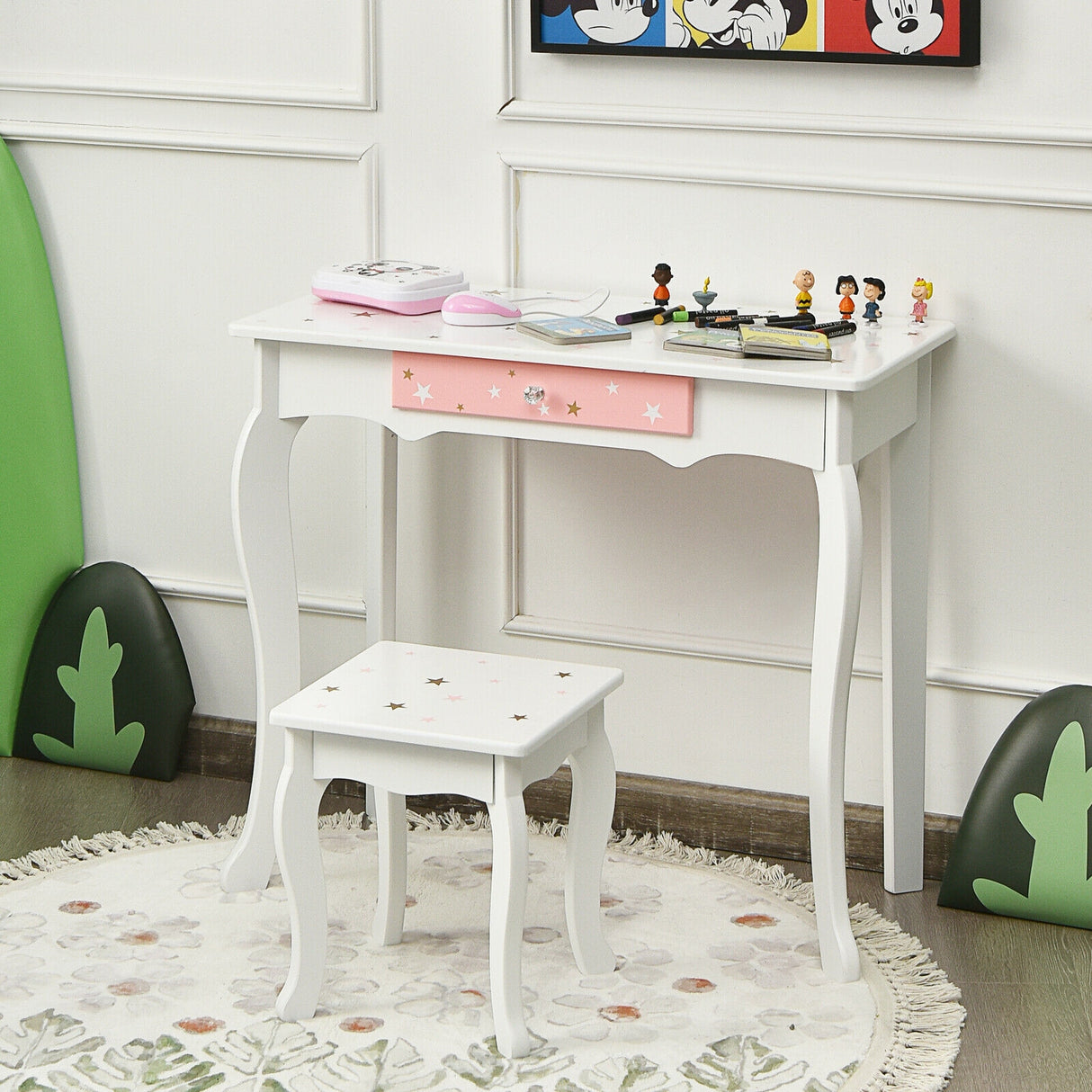 Kids Princess Vanity Table and Stool Set with Tri-folding Mirror and Drawer-Pink