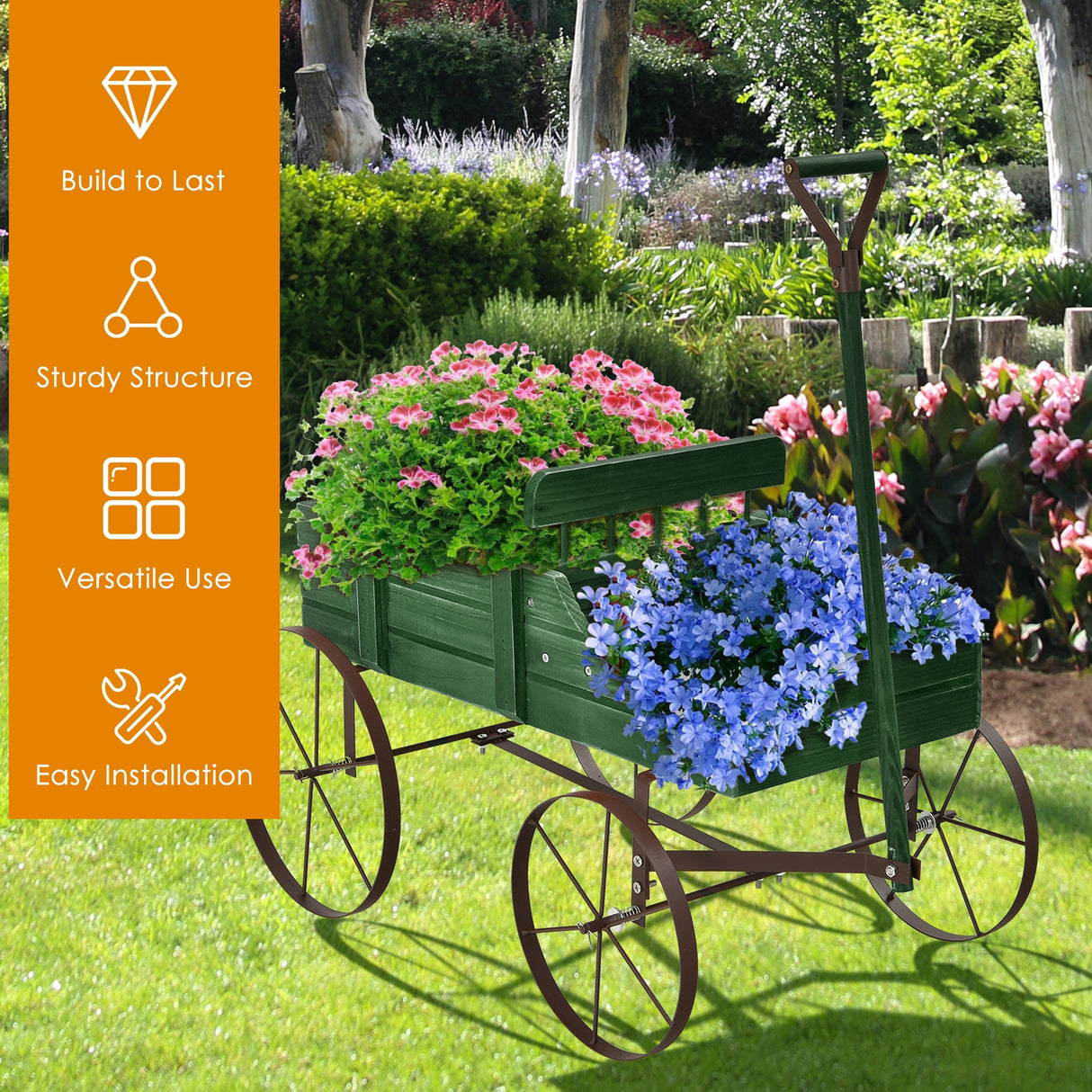 Wooden Wagon Plant Bed With Wheel for Garden Yard-Red