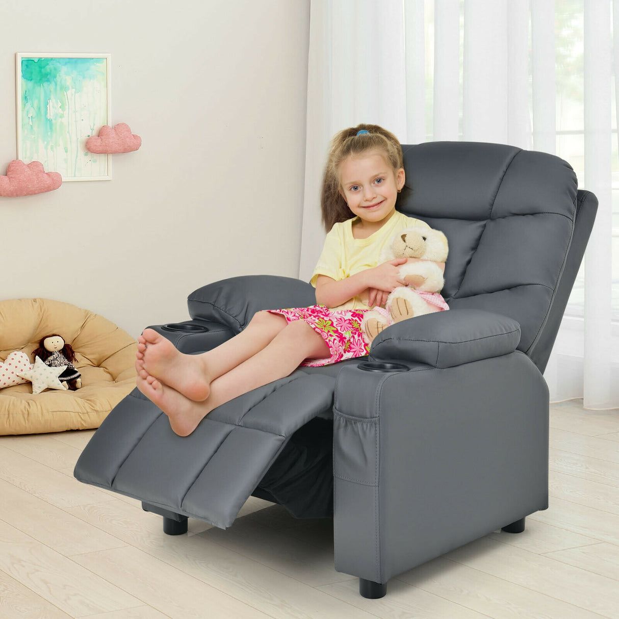 Kids Recliner Chair with Cup Holder and Footrest for Children-Blue