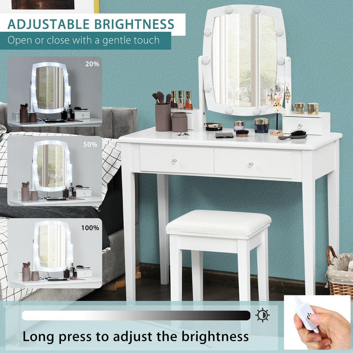 Vanity Table Set with Lighted Mirror for Bedroom and Dressing Room-Black
