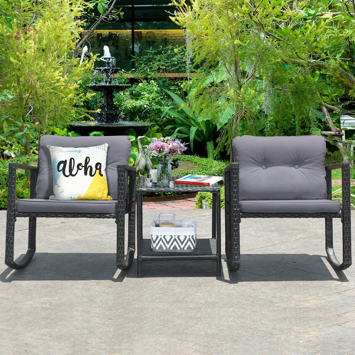 3 Pcs Wicker Rocking Bistro Set with Glass Coffee Table and Storage Shelf-Beige