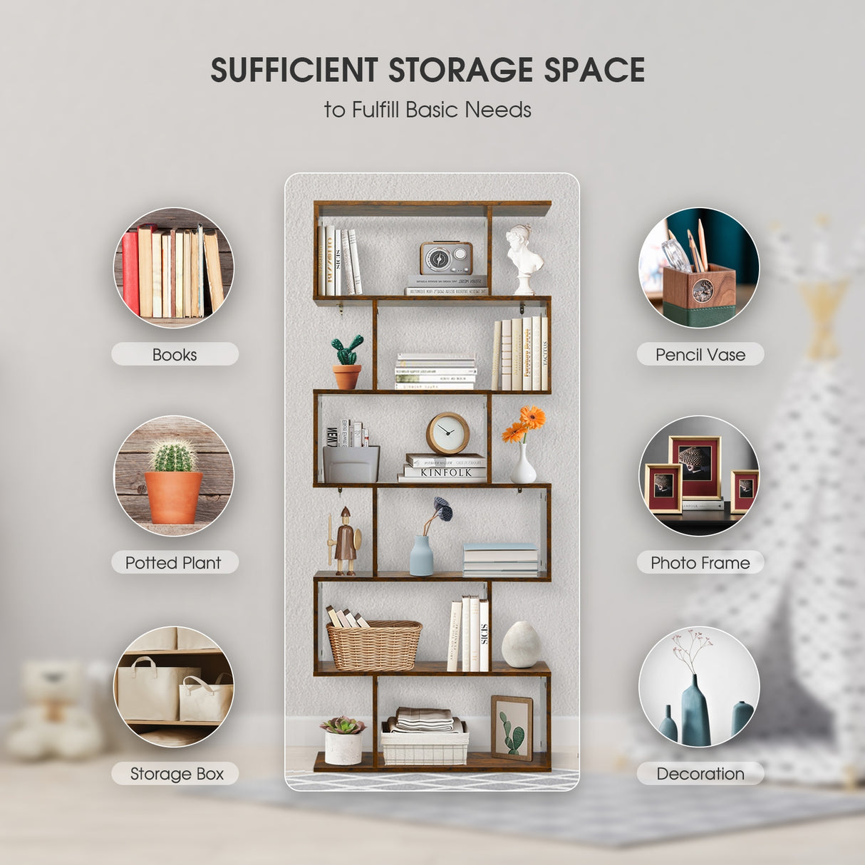 6 Tier S-Shaped Bookshelf Storage Display Bookcase Decor Z-Shelf -Black