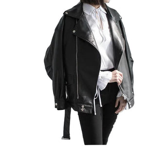 PU Faux Leather Jacket Women Loose Sashes Casual Biker Jackets Outwear Female Tops BF Style Black Leather Jacket Coat