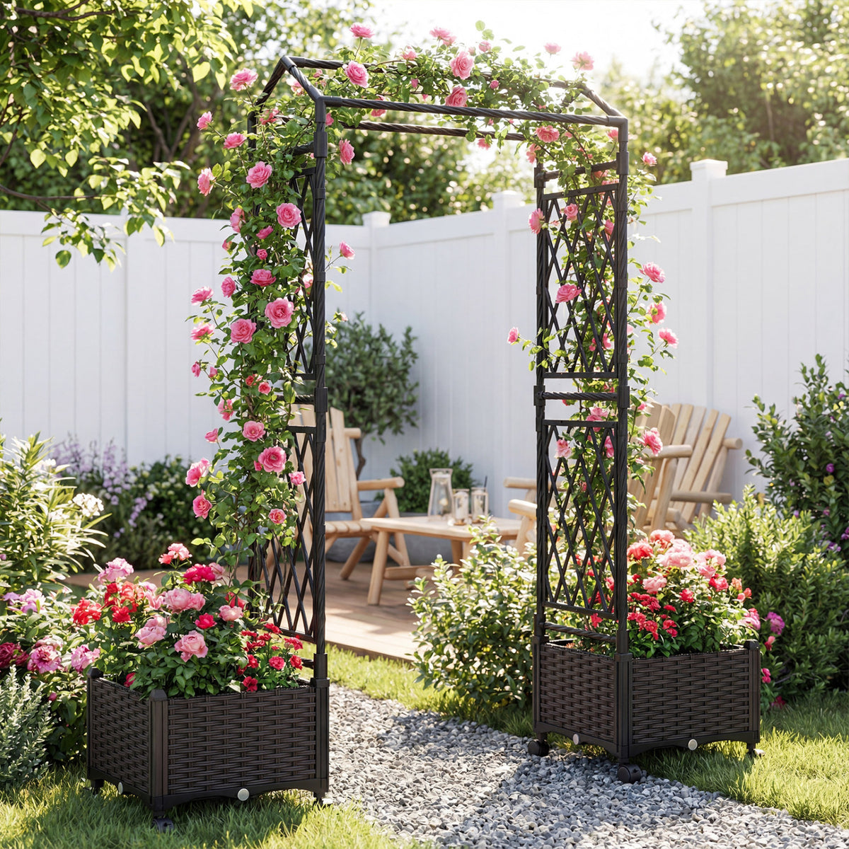 5.5 FT Self-Watering Planter Boxes with Lattice Trellis and Roof-Brown