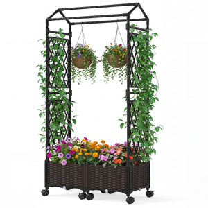 5.5 FT Self-Watering Planter Boxes with Lattice Trellis and Roof-Brown