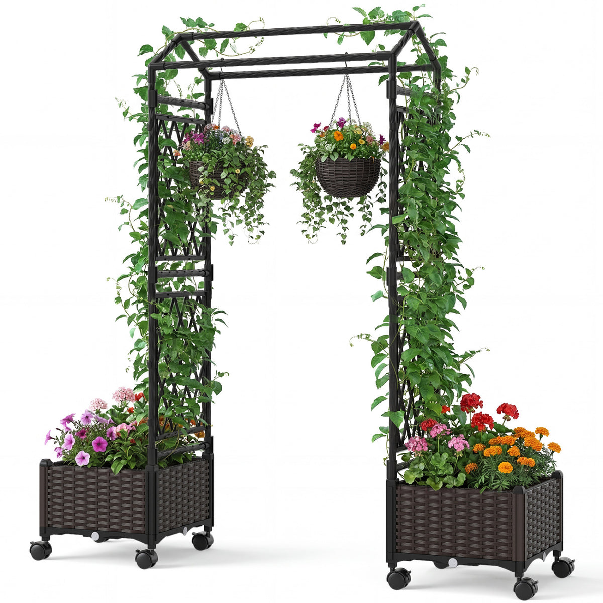 5.5 FT Self-Watering Planter Boxes with Lattice Trellis and Roof-Brown