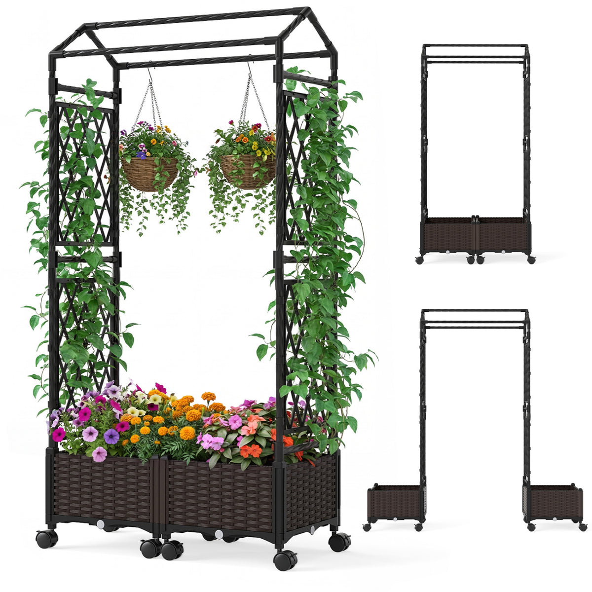 5.5 FT Self-Watering Planter Boxes with Lattice Trellis and Roof-Brown