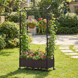 5.5 FT Self-Watering Planter Boxes with Lattice Trellis and Roof-Brown