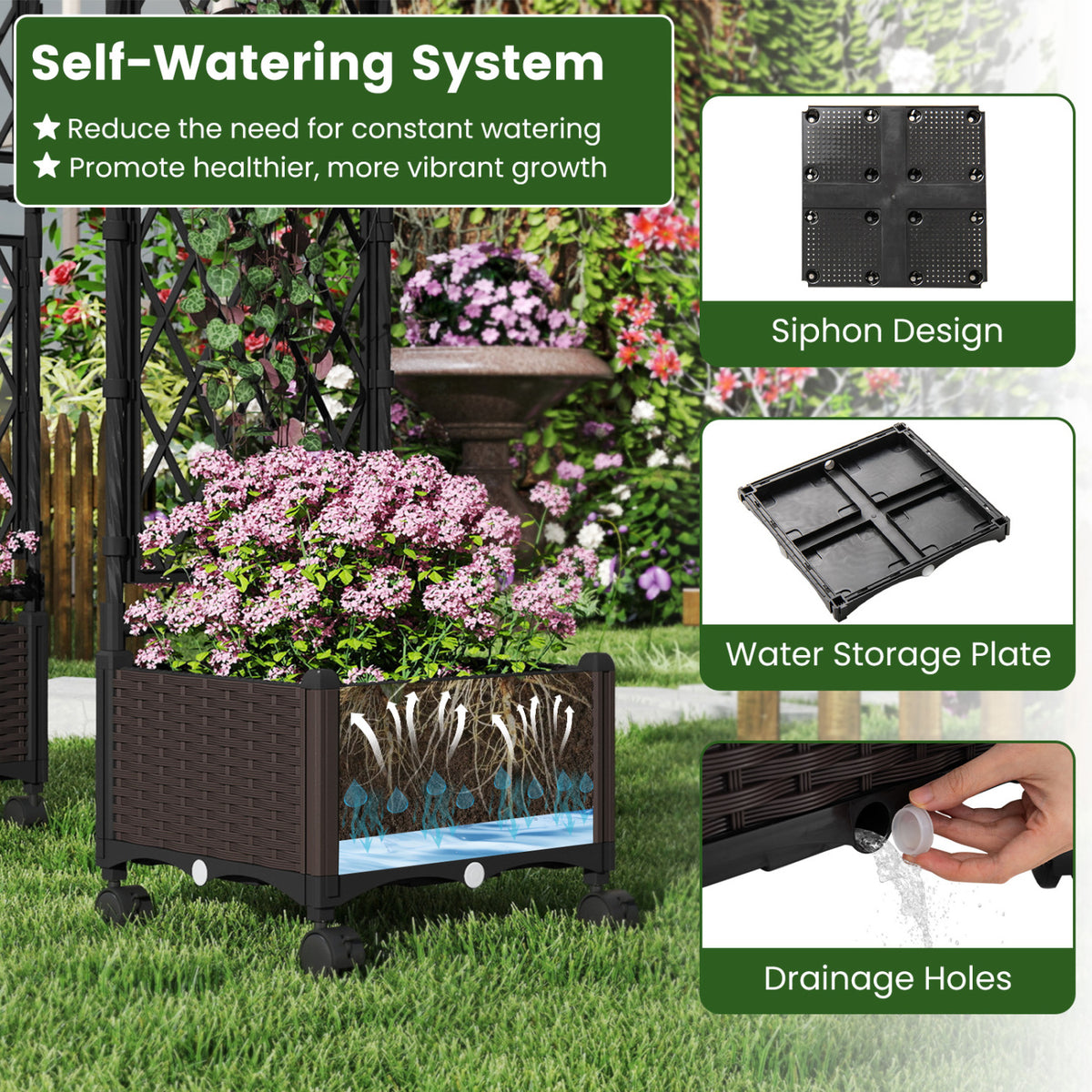 5.5 FT Self-Watering Planter Boxes with Lattice Trellis and Roof-Brown