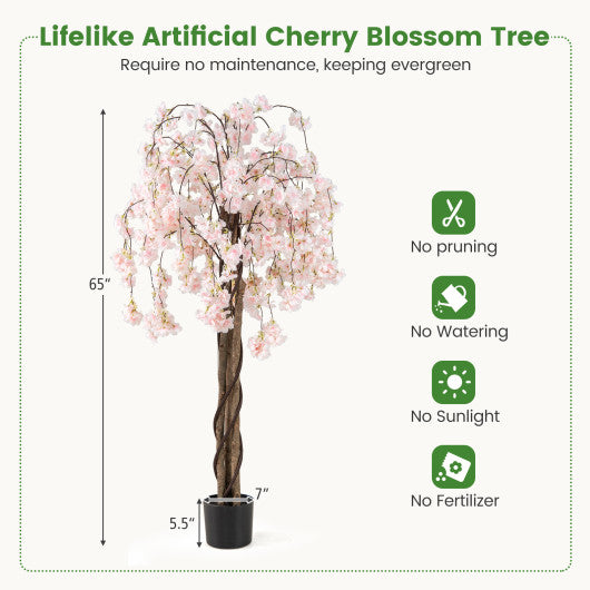 5.5 FT Tall Artificial Cherry Blossom Tree with Pink/White Flowers 1 Pack-White