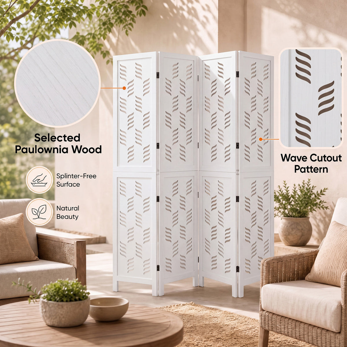 5.5 FT Tall Room Divider 4 Panels with Wave Cutout & Paulownia Frame for Room-White