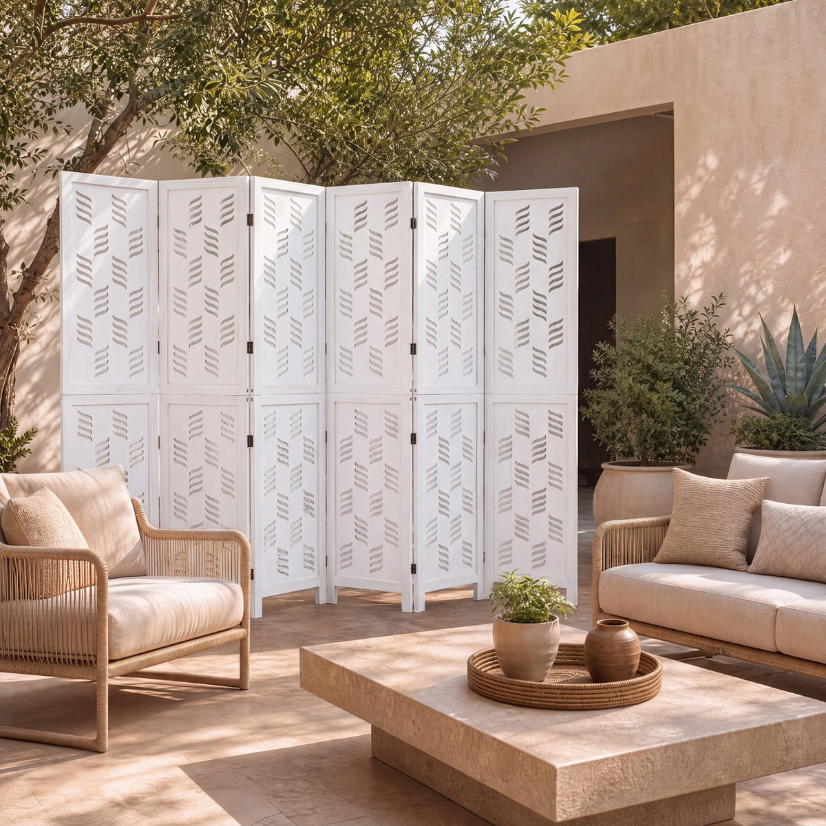 5.5 FT Tall Room Divider 6 Panels with Wave Cutout & Paulownia Frame for Room-White