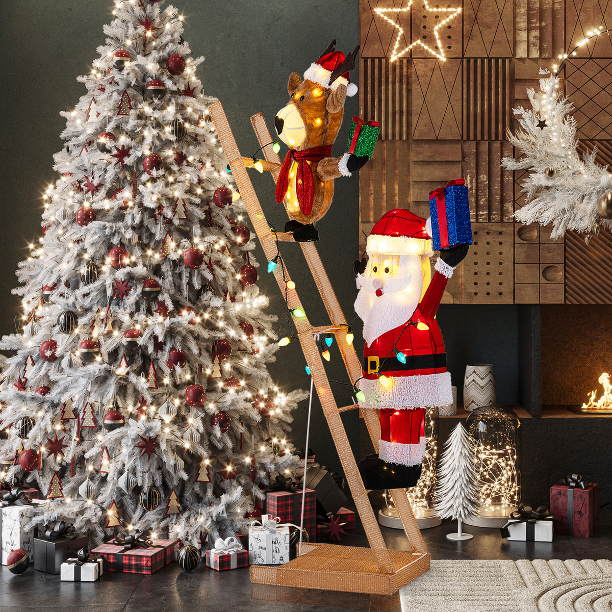 5.5 Feet Christmas Lighted Reindeer and Santa Claus on Ladder with 100 LED Lights