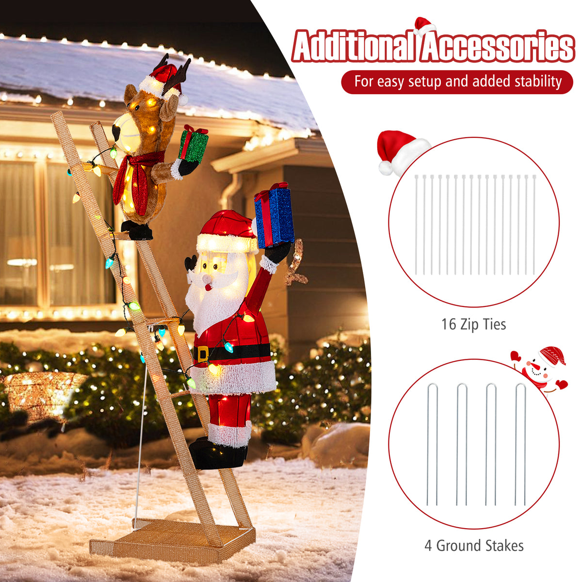 5.5 Feet Christmas Lighted Reindeer and Santa Claus on Ladder with 100 LED Lights