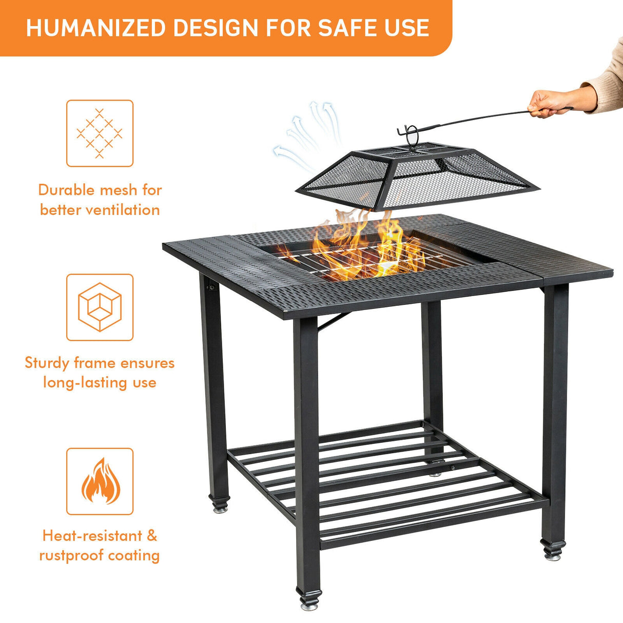 31 Inch Outdoor Fire Pit Dining Table with Cooking BBQ Grate