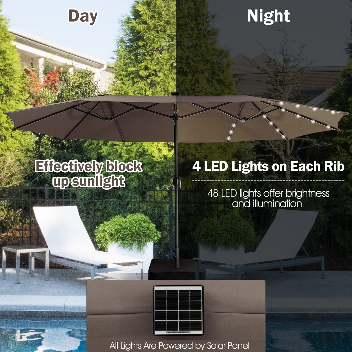 15 Feet Twin Patio Umbrella with 48 Solar LED Lights-Beige