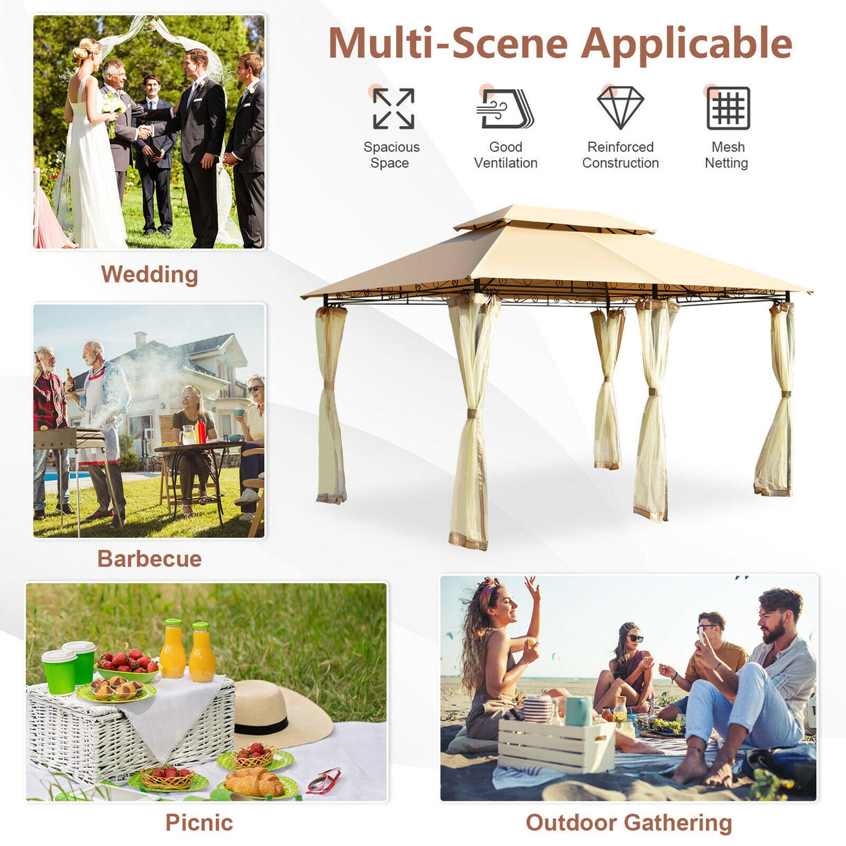 10 Feet x 13 Feet Tent Canopy Shelter with Removable Netting Sidewall-Beige