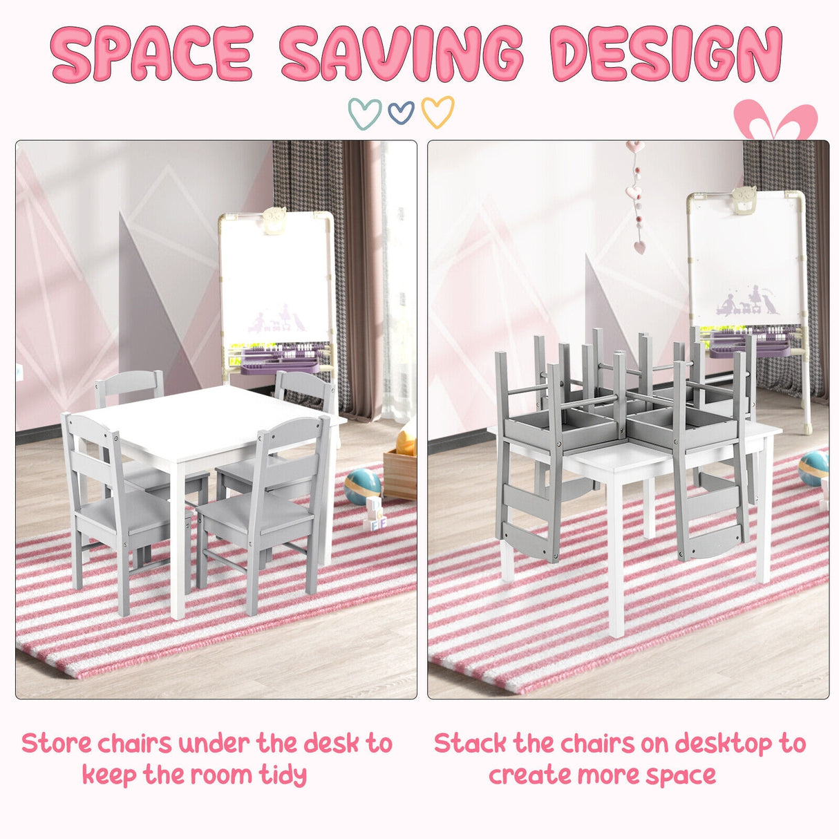 5 pcs Kids Pine Wood Multicolor Table Chair Set