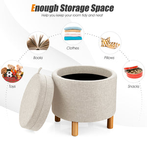 Round Fabric Storage Ottoman with Tray and Non-Slip Pads for Bedroom-Gray