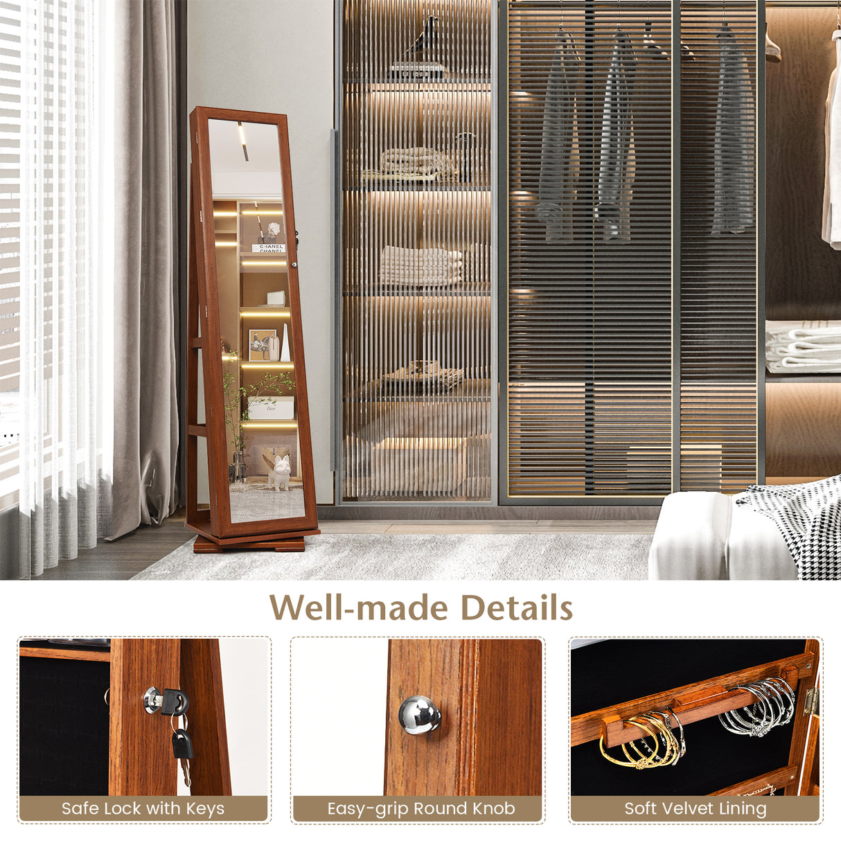 360 ° Rotatable 2-in-1 Lockable Jewelry Cabinet with Full-Length Mirror-Brown