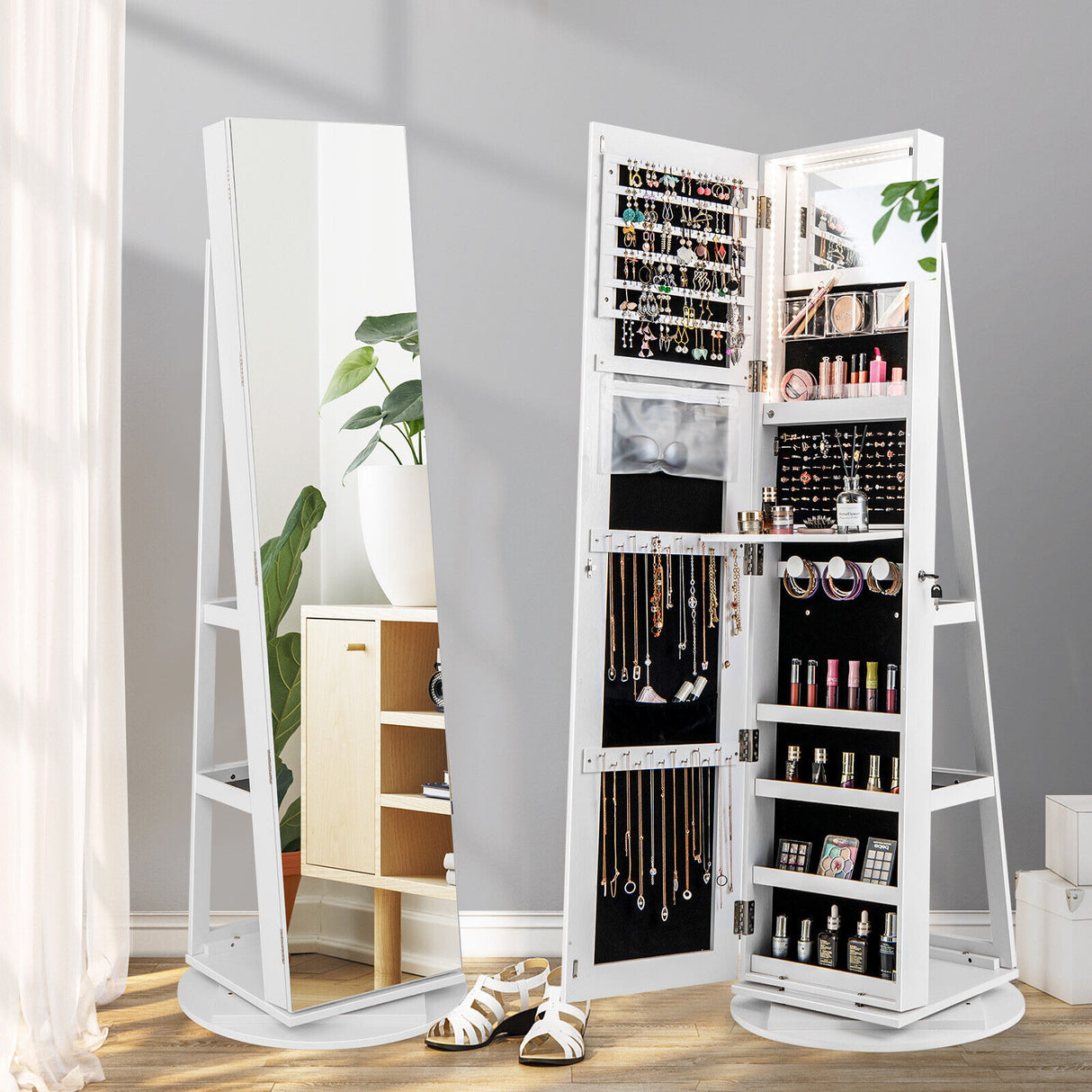 360 ° Rotating Mirrored Jewelry Cabinet Armoire 3 Color LED Modes Lockable-White