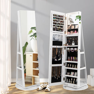 360 ° Rotating Mirrored Jewelry Cabinet Armoire 3 Color LED Modes Lockable-White