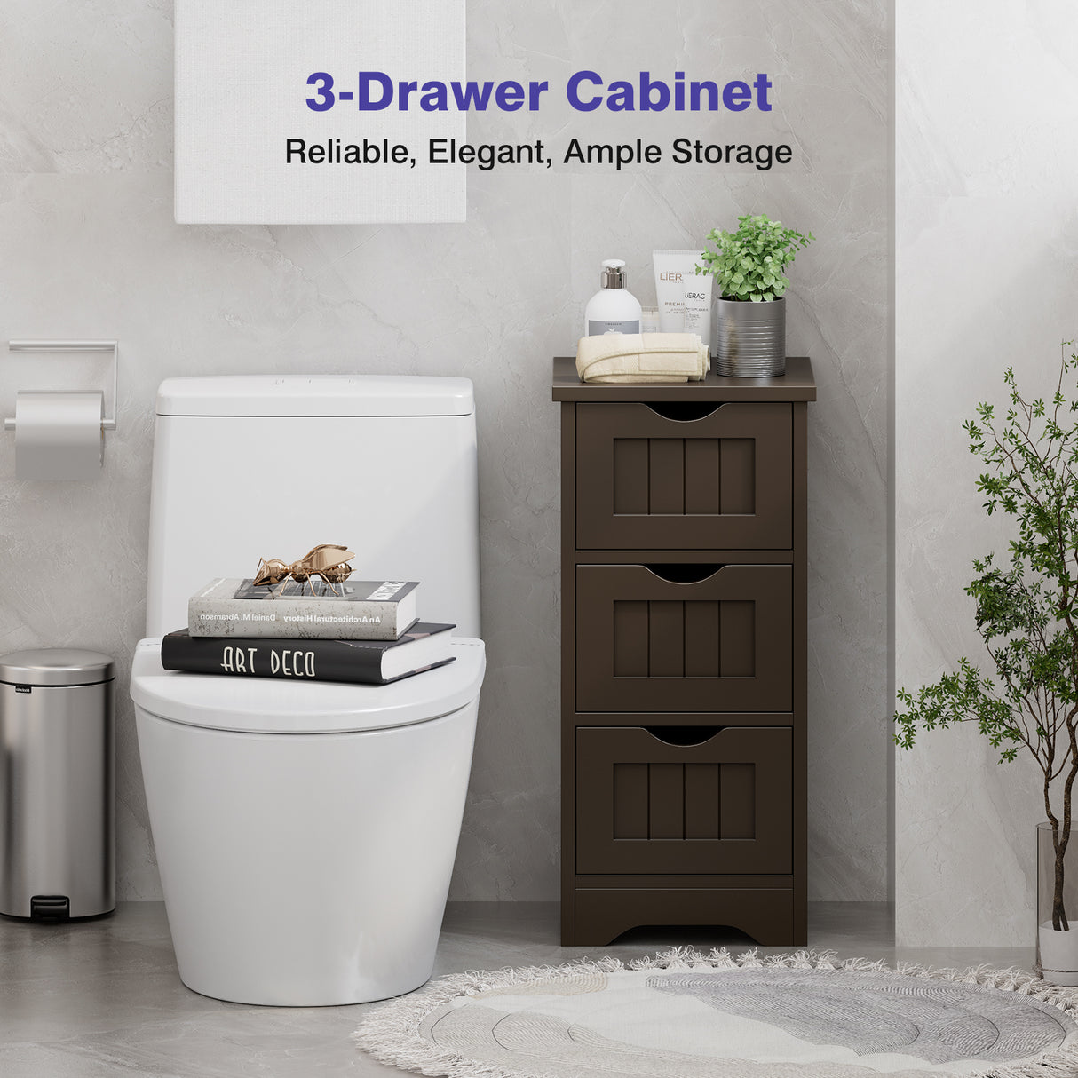 Bathroom Wooden Free Standing Storage Side Floor Cabinet Organizer-3-Tier.