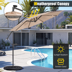 10 Feet Patio Solar Powered Cantilever Umbrella with Tilting System-Beige by DirectDeals