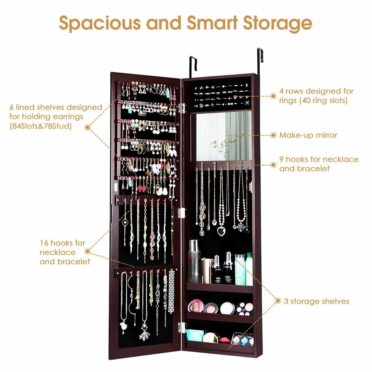 Full Length Mirror Jewelry Cabinet with Ring Slots and Necklace Hooks-Black