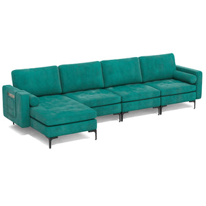 Modular L-shaped 4-Seat Sectional Sofa with Reversible Chaise and 2 USB Socket-Teal