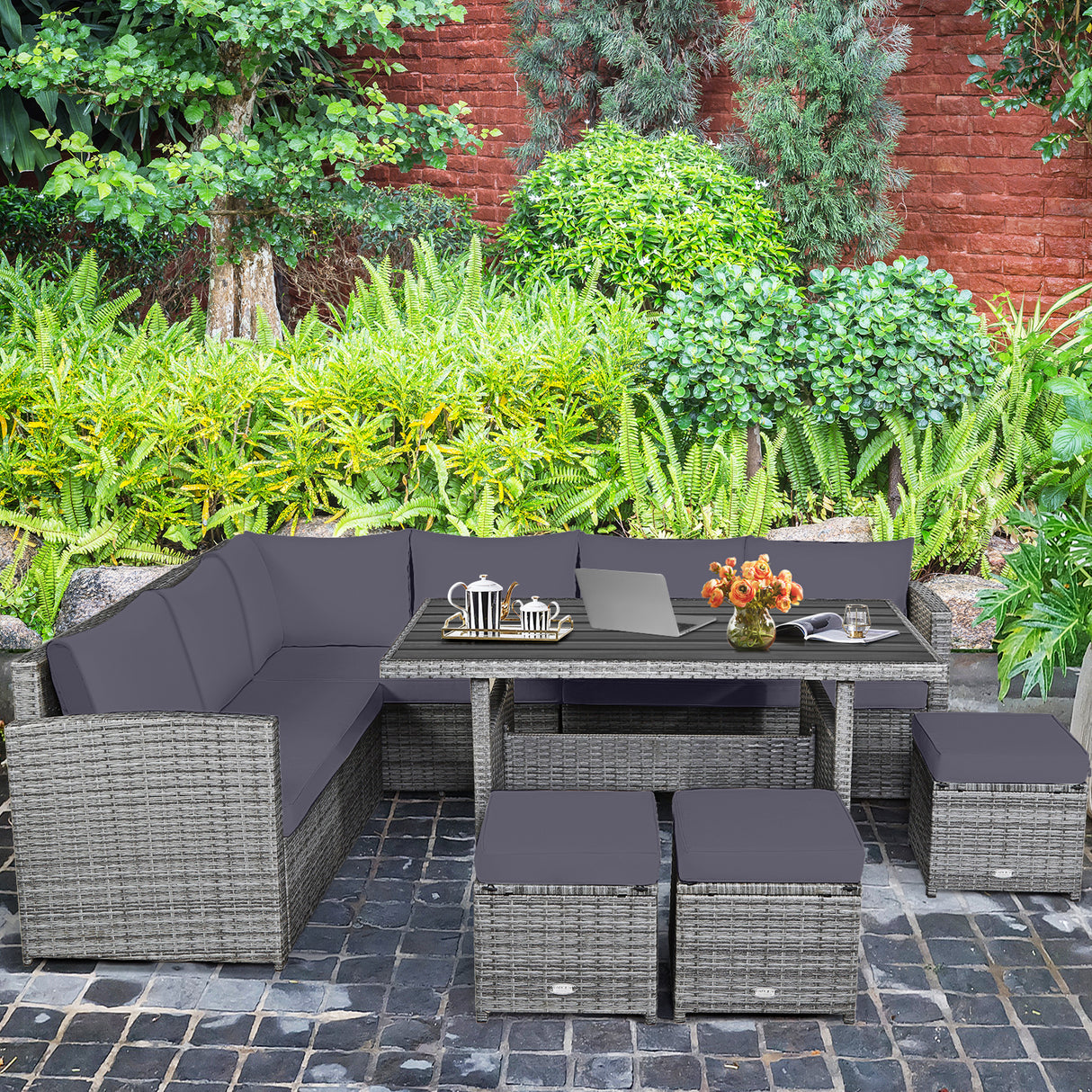 7 Pieces Patio Rattan Dining Furniture Sectional Sofa Set with Wicker Ottoman-Red