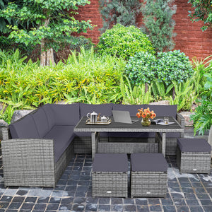7 Pieces Patio Rattan Dining Furniture Sectional Sofa Set with Wicker Ottoman-Red