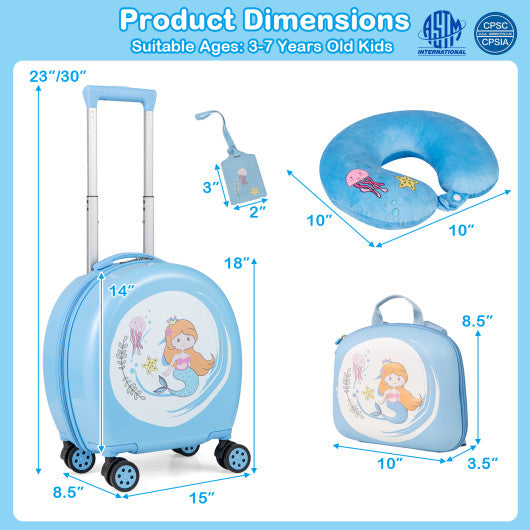 Kids Luggage Set with 14 Inches Carry-on Hardside Spinner Toddler Luggage and 10 Inches Backpack-Blue