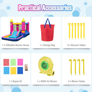 Inflatable Bounce House 4-in-1 Kids Princess-themed Bouncer Blow-up Bouncy Castle with 480 Blower