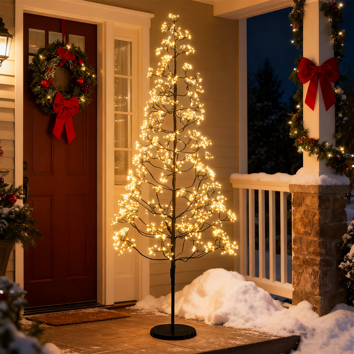 5/6/7 FT Lighted Alpine Tree with Warm White Light LED Lights Pre-lit Artificial Cedar Tree with Weighted Base-6ft