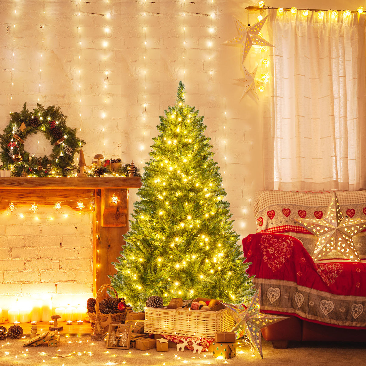 5/6/7 Feet Artificial Christmas Tree Hinged Xmas Tree with 7 Lighting Modes-5 Feet