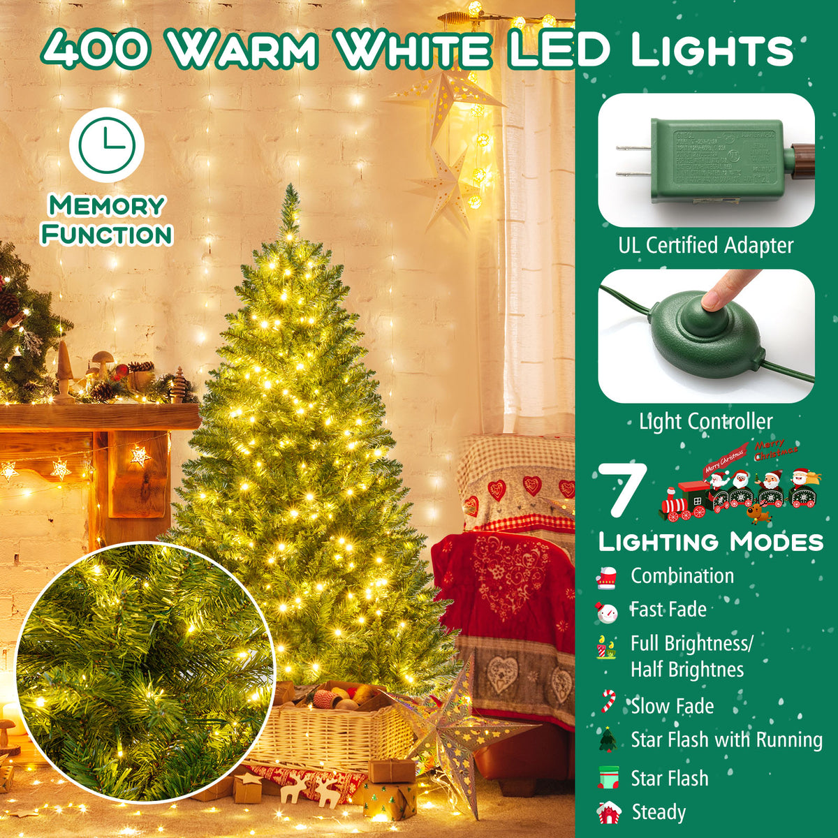 5/6/7 Feet Artificial Christmas Tree Hinged Xmas Tree with 7 Lighting Modes-5 Feet