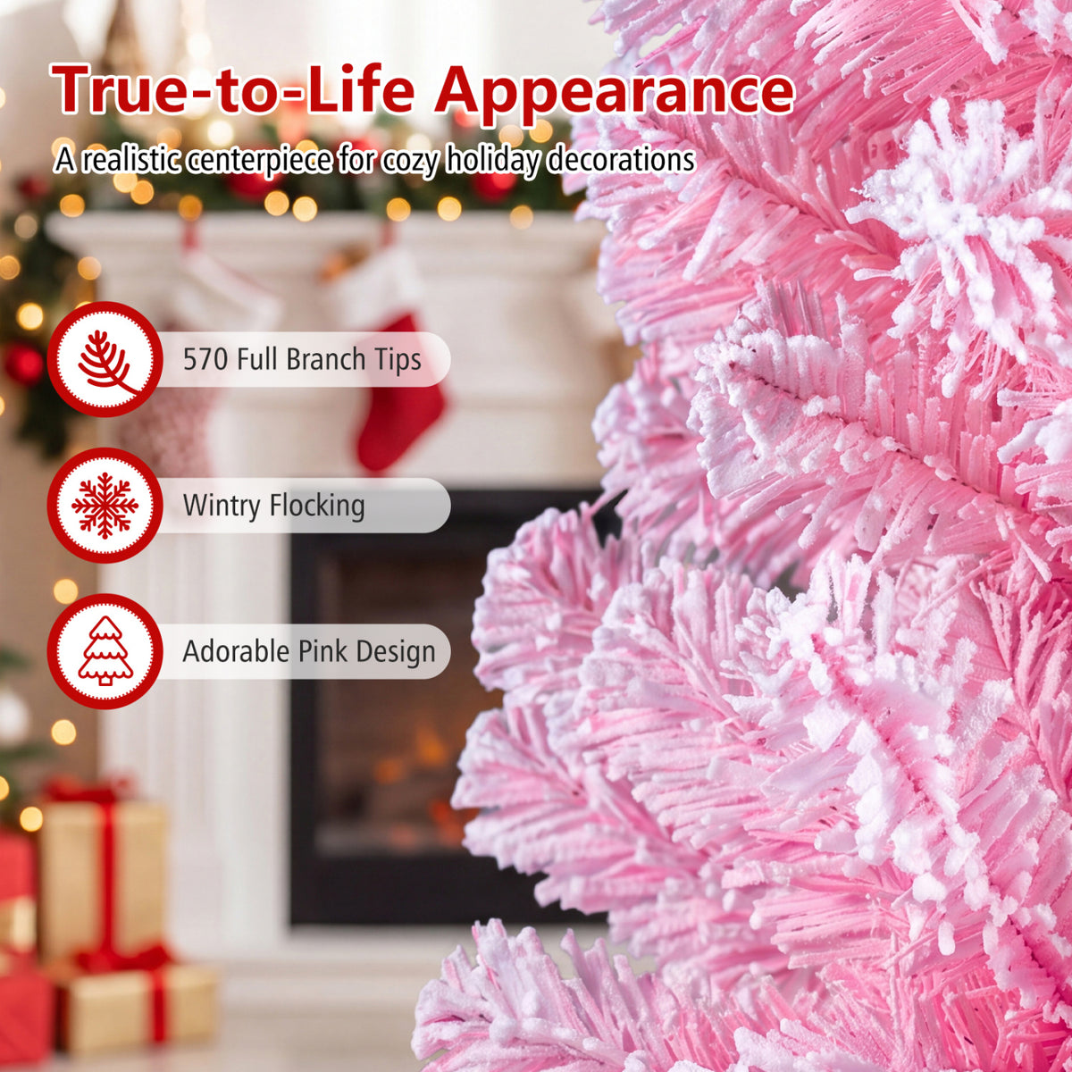 5/6/7 Feet Flocked Fir Christmas Tree with Warm White LED Lights-6 ft