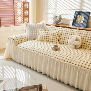 Grid Textured Sofa Cover with Sheer Ruffle Skirt, Pet-Friendly Sofa Throw Slipcover