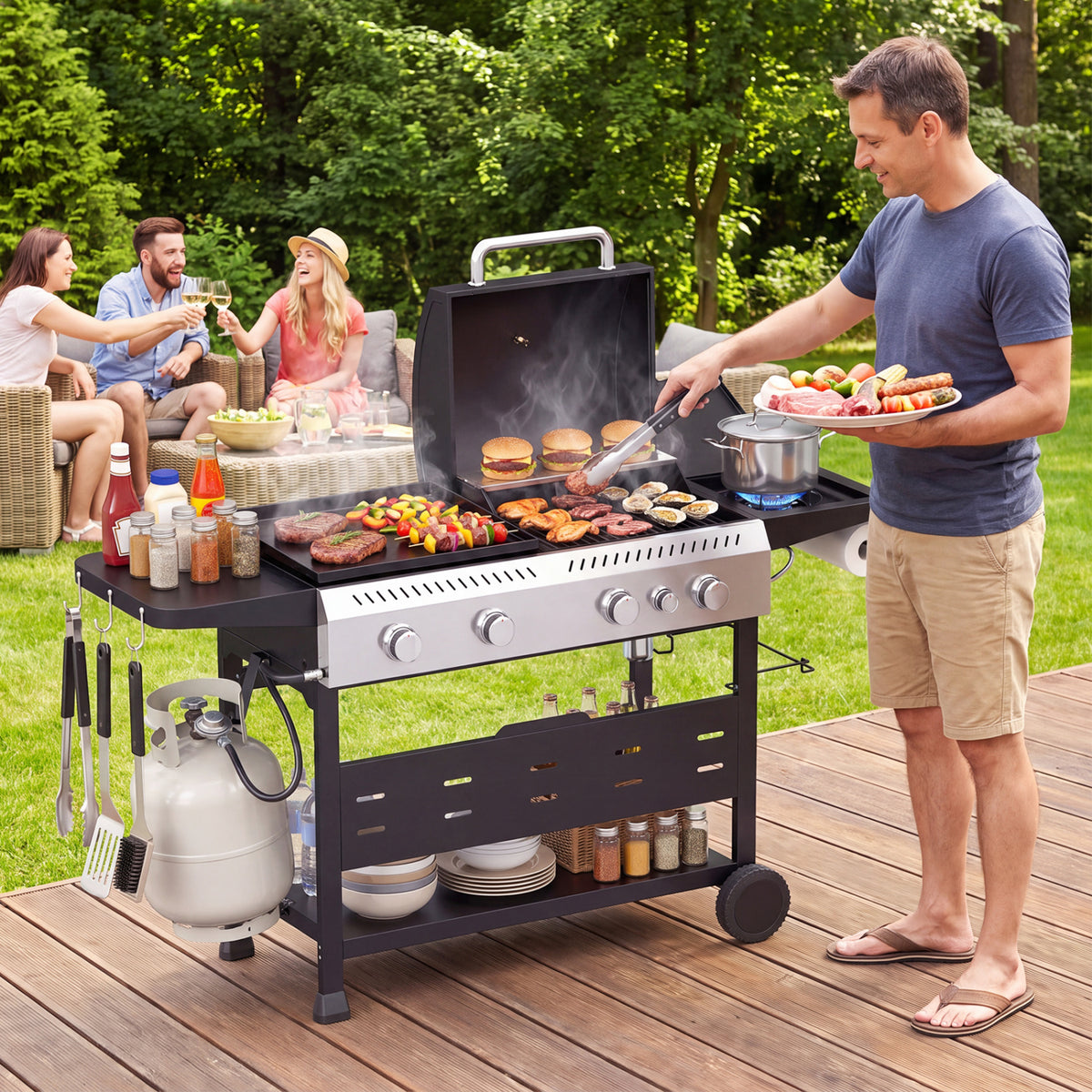 5-Burner Propane Gas Grill and Griddle Combo with Side Burner-Black
