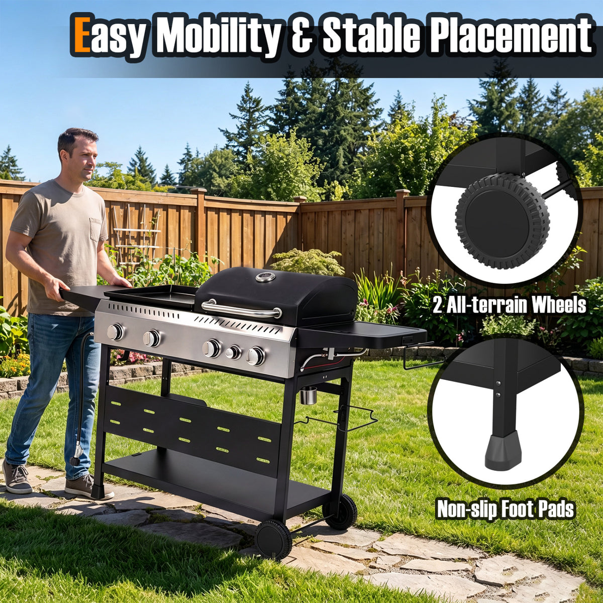 5-Burner Propane Gas Grill and Griddle Combo with Side Burner-Black