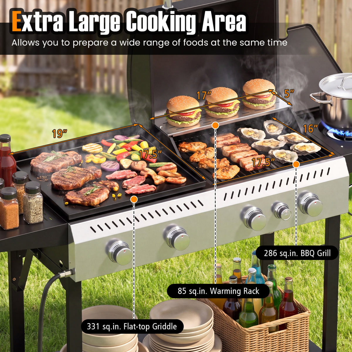 5-Burner Propane Gas Grill and Griddle Combo with Side Burner-Black