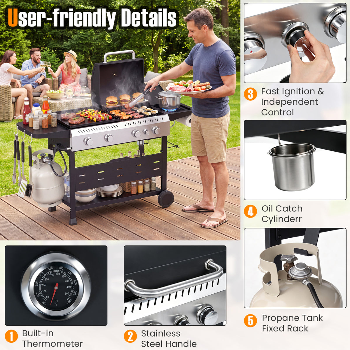 5-Burner Propane Gas Grill and Griddle Combo with Side Burner-Black