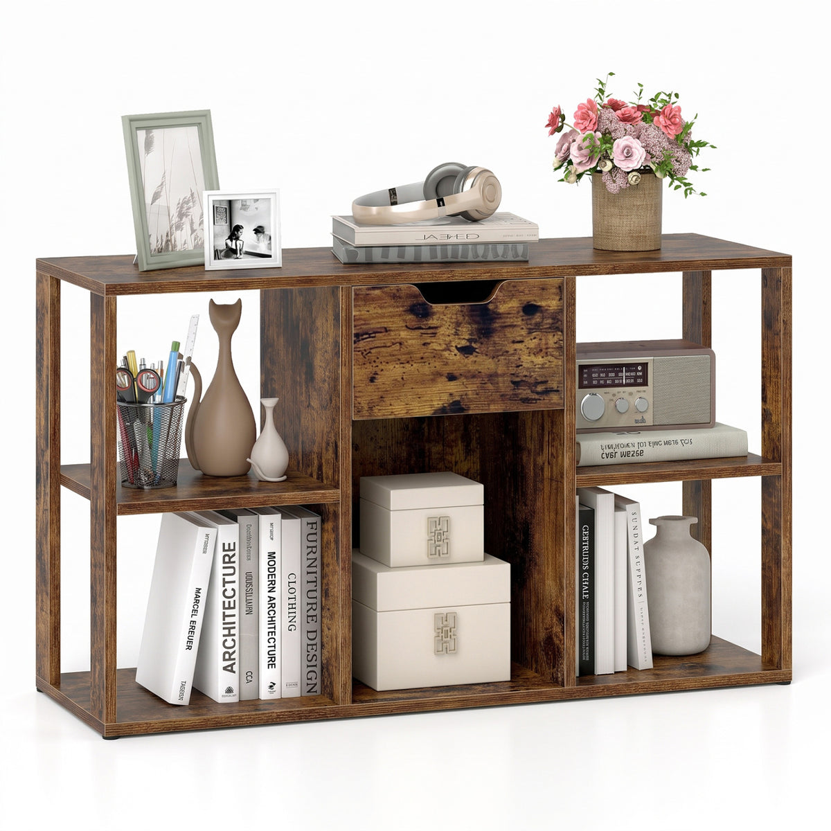 5-Cube Bookcase with Storage Drawer Freestanding Bookshelf Modern Display Rack-Rustic Brown